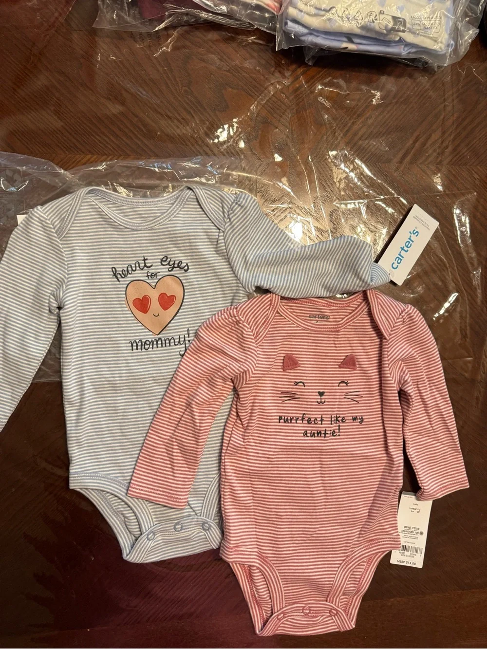 Carter's Blue & Pink Striped Long-Sleeve Baby One-Pieces with Heart and Kitty